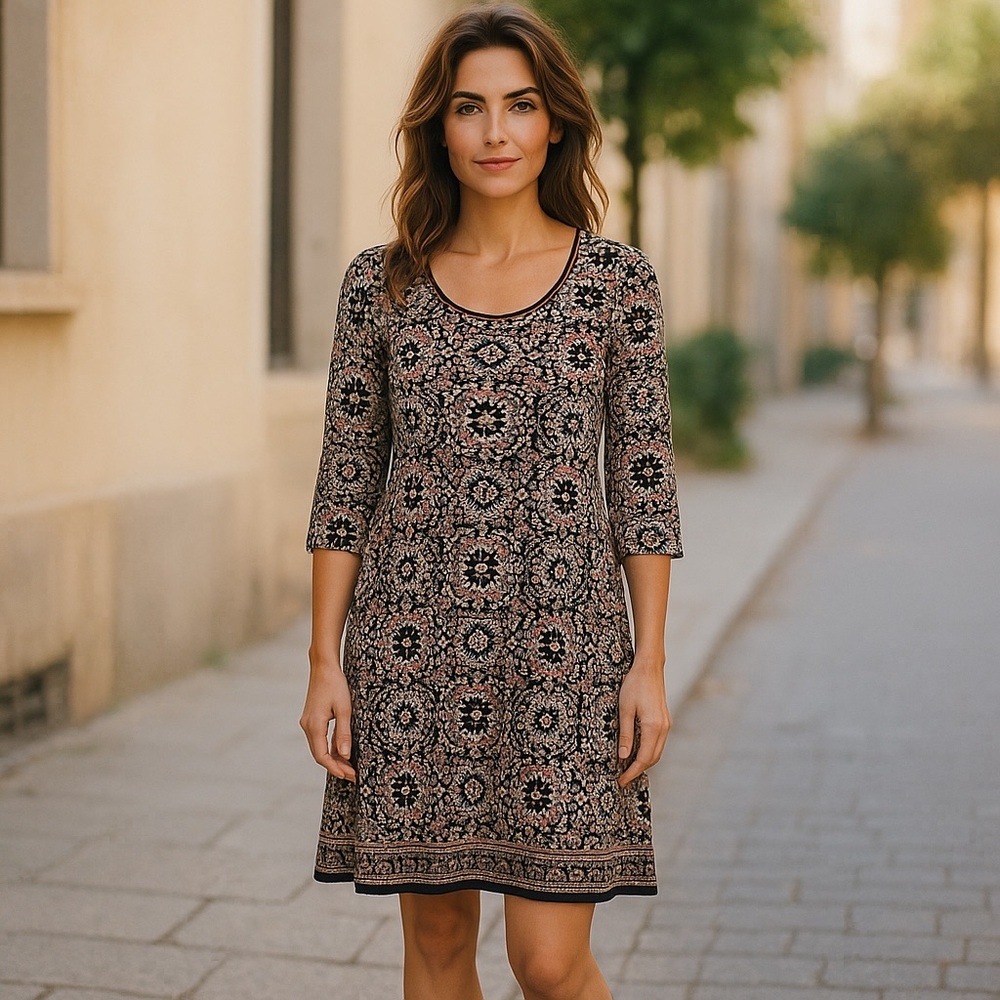 Max Studio Black and Taupe Floral Medallion A-Line Dress